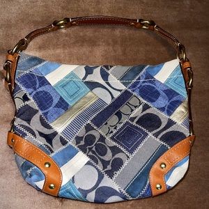 Nice Coach Denim Blue Patchwork Carly Signature Medium Hobo Tote Bag Purse WOW!